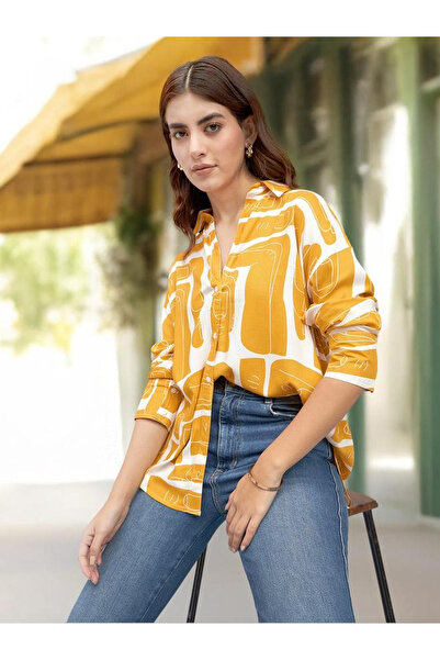 Dennis Lingo By Styli Mustard Abstract Print Relaxed Fit Shirt