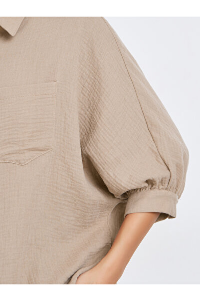 Take Two By Styli Women Beige Crinkled 3/4 Sleeve Shirt with Pocket Detail