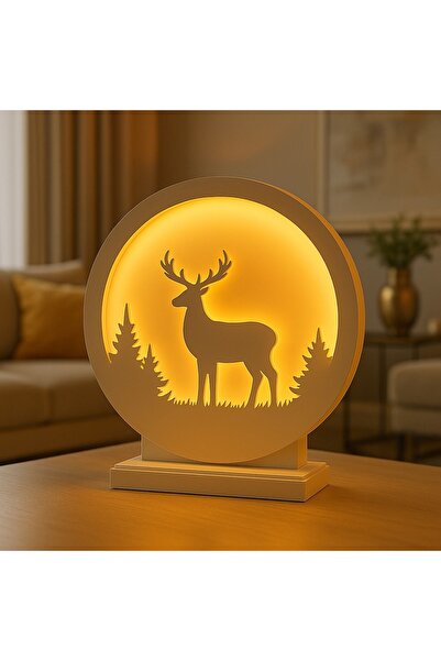 Lins Aksesuar Doğa Temalı Hediyelik MDF LED Gece Lambası – Geyik Siluetli Tas...