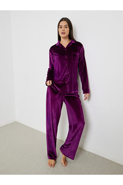 Styli Velvet Button Placket Shirt and Pyjama Set