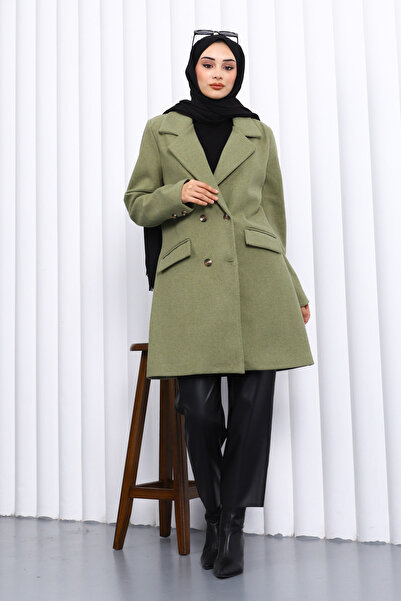 İmajButik Khaki Double-Breasted Collar Lined Pocketed Cashmere Coat