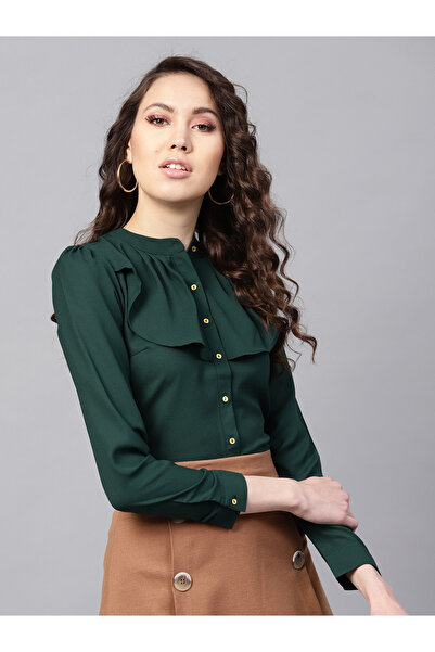 Sassafras By Styli Women Green Solid Ruffle Trim Slim Fit Shirt