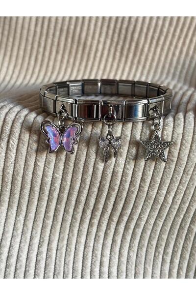bijoux uniques سوار إيطالي مع حلية فراشة وشريط ونجمة من الفولاذ