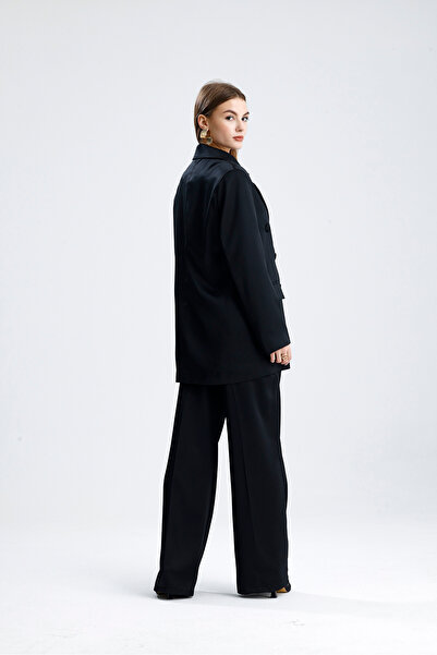 Sense Lined Shoulder Pad Piece Satin Women's Suit – Stylish Oversized Jacket and Wide Leg Pants |   Tk36437 Black