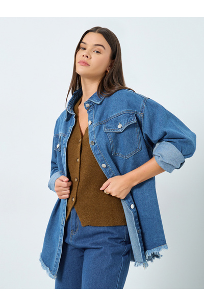 Styli Women Medium Blue Oversized Denim Shirt with Pockets