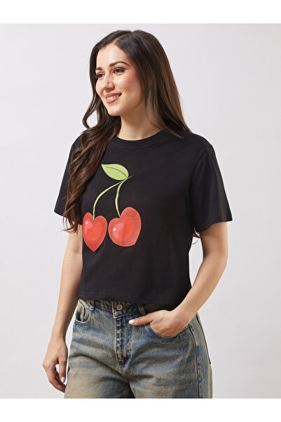 Globus By Styli Black Graphic Print Oversized Crop T-Shirt