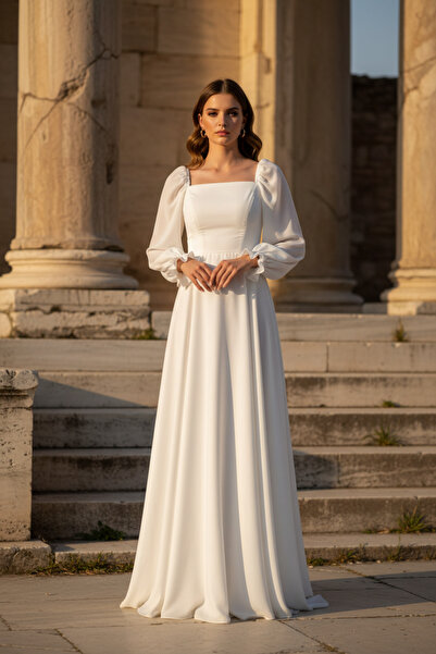 berissima bride Uzun Nikah Elbisesi Kırık Beyaz, Şifon Kloş Etek, Kare Yaka, Balon Kol, Mars