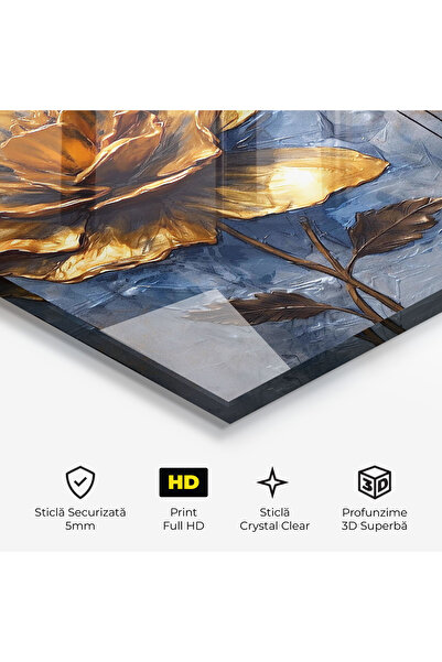 Arthub Glass Painting, Bedroom and Living Room, Painting Texture, Golden Rose Art On Blue