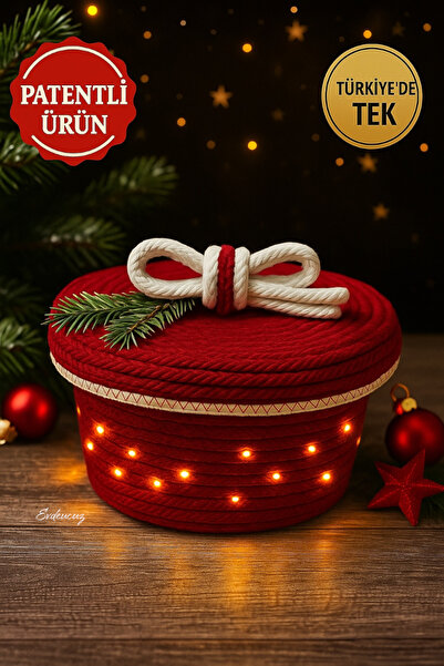 evdeucuz LED Işıklı Jüt Sepet – Kırmızı Yılbaşı Dekoratif Halat Sepet | El Ya...