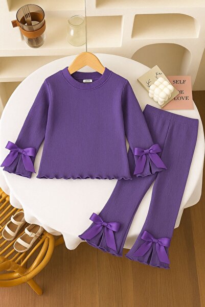 tunays shopping Girl's Ruffled Ribbon Detailed Ribbed Two-Piece Set (3-8 Years)