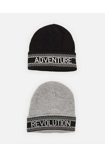 REDTAG مجموعة قبعات محبوكة للرجال باللونين الأسود والرمادي (عبوة من قطعتين)