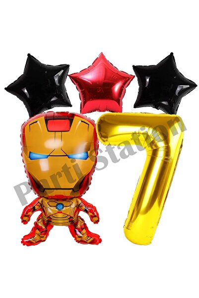 Parti Station Avengers Iron Man Concept 7 Years Old Gold Number Balloon Set Iron Man Concept Birthday Balloon Set