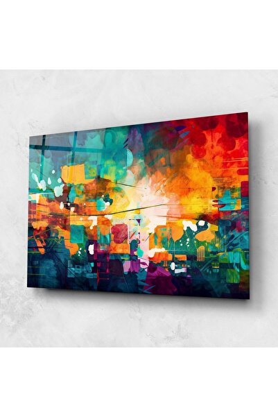 Arthub Tablou Sticla,Dormitor si Living, Arta Abstracta, Vibrant Colors On Blue Background