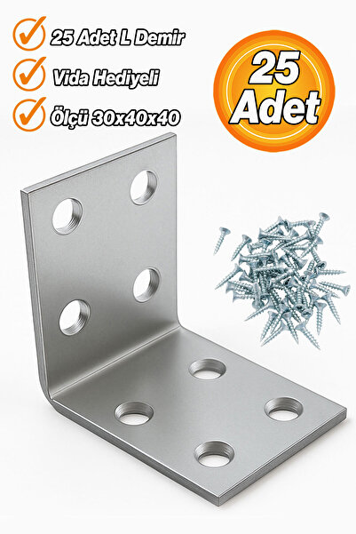 Badem10 Metal Köşebent L Demiri (25 Adet) 30x40x40 mm Mobilya Duvar Sabitleme Gönye Bağlantı Aparatı