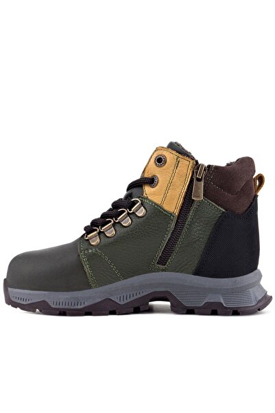 Rakerplus Genuine Leather Khaki Green Yellow Zippered Trekking Children's Boots
