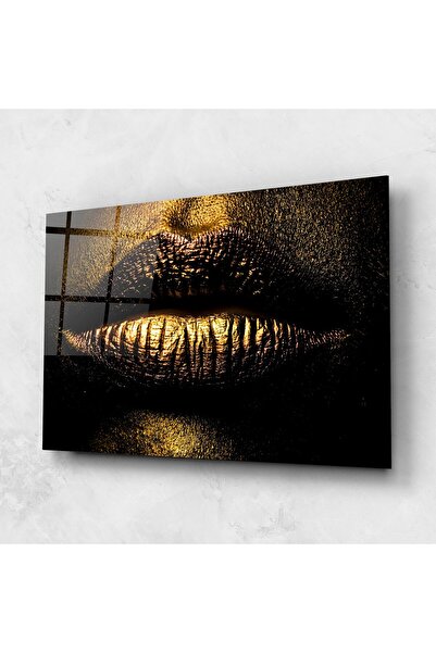 Arthub Tablou Sticla,Dormitor si Living, Black And Gold, Gold Metal Lips