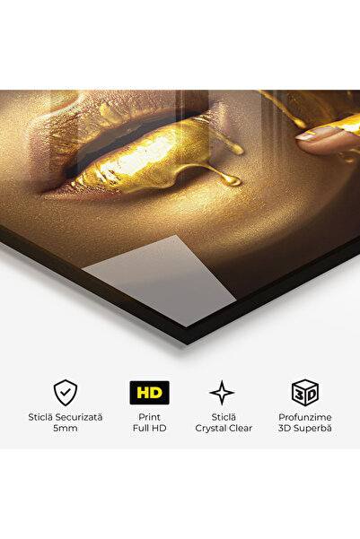 Arthub Tablou Sticla,Dormitor si Living, Black And Gold, Golden Lips