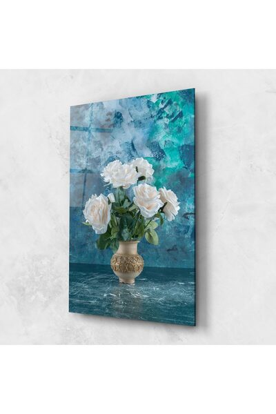 Arthub Tablou Sticla,Dormitor si Living, Trandafiri, White Roses On Blue