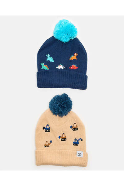 REDTAG طقم قبعات محبوكة للأولاد باللونين البيج والأزرق (قطعتين)
