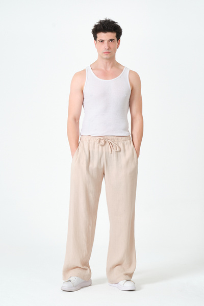 RELAXL 100% Cotton Oversized Wide Leg Muslin Beige Sweatpants S-12Xl