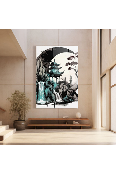Arthub Glass Painting, Bedroom and Living Room, Asian, Blue Temple Art
