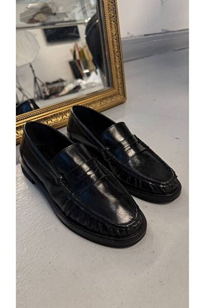 cevaplus Women's Drawstring Black Leather Loafer Casual Shoes Moccasin