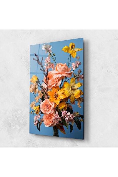 Arthub Tablou Sticla,Dormitor si Living, Buchet De Flori, Flower Mix On Blue