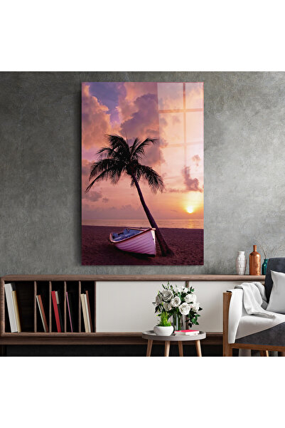 Arthub Glass Painting, Bedroom and Living Room, Beaches, Boat Purple Sunset