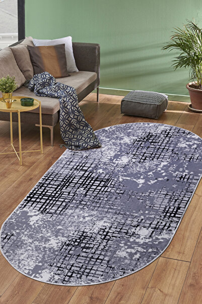Dijidekor Digital Oval Fringeless Carpet Modern Designed Gray Color Erasable Floor Mat 160X200
