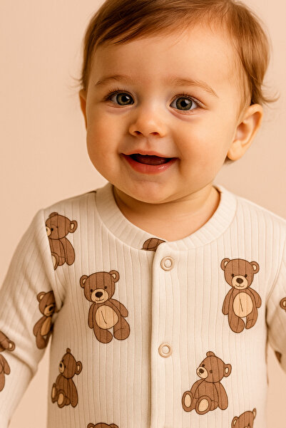eradkids Organic Cotton Ultra Soft Teddy Bear Patterned Snap-On Baby Romper 0-3 Months