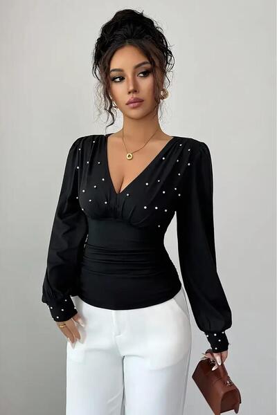Deafox Black Women Pearl Detail Long Sleeve V Neck Crepe Fabric Blouse