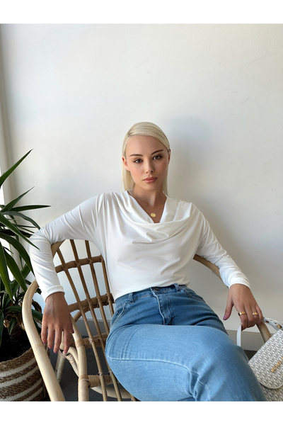 MELA ROSSA Women's Ekru Degaje Collar Long Sleeve Sandy Fabric Blouse