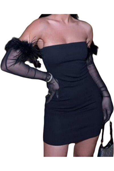 Şayse Design Straplez siyah mini elbise,,tül eldivenli straplez mini gece elbise