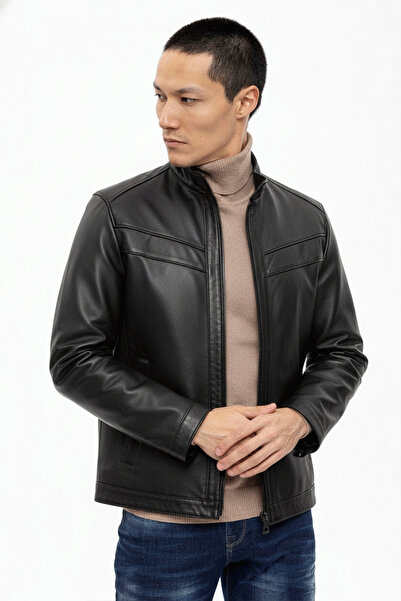 Deriderim Alvin Black Judge Collar Zippered Lined Short Men's Genuine Leather Coat