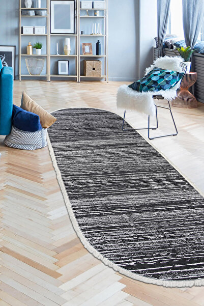 Dijidekor ДИГИТАЛЕН ОВАЛЕН КИЛИМ С РЕССЕНИ, МОДЕРЕН ДИЗАЙН, ЧЕРЕН ЦВЯТ, МОЖЕ ДА СЕ МИЕ, 60x400