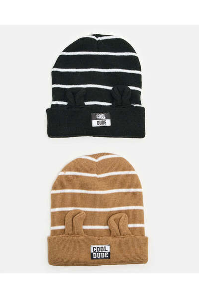 REDTAG Boys Black And Brown Striped Knitted Cap Set (Pack Of 2)