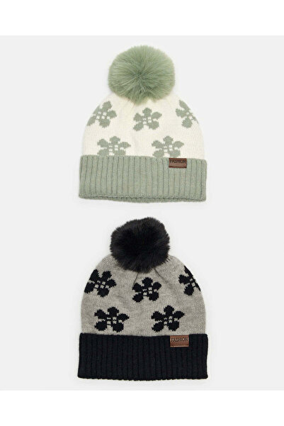 REDTAG طقم قبعات محبوكة مزخرفة باللونين الأخضر والأسود للنساء (قطعتان)