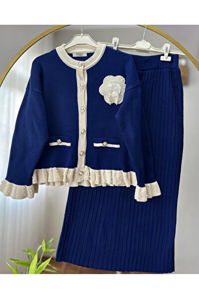 MODA SERVA PAPATYA İŞLEMELİ İNCİ DETAYLI TRİKO ETEKLİ TAKIM 1007