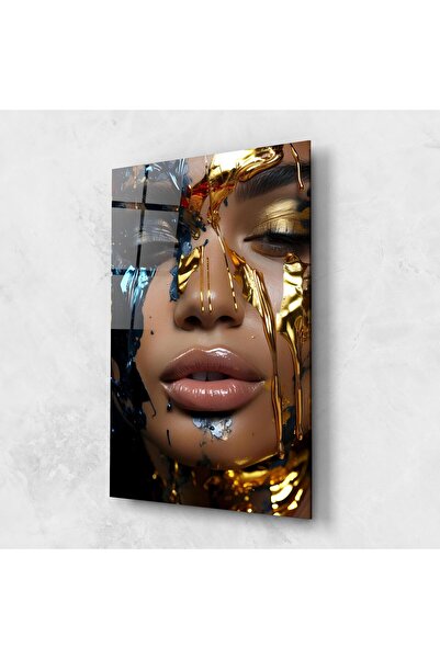 Arthub Tablou Sticla,Dormitor si Living, Black And Gold, Blue Gold Paint Face