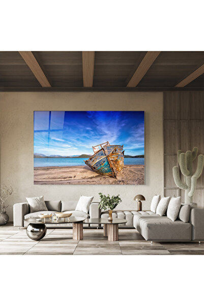 Arthub Glass Painting, Bedroom and Living Room, Beaches, Boat Blue Sky