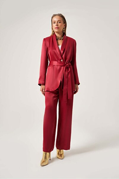 Mimya Bordo Saten Kuşaklı Takım 8807