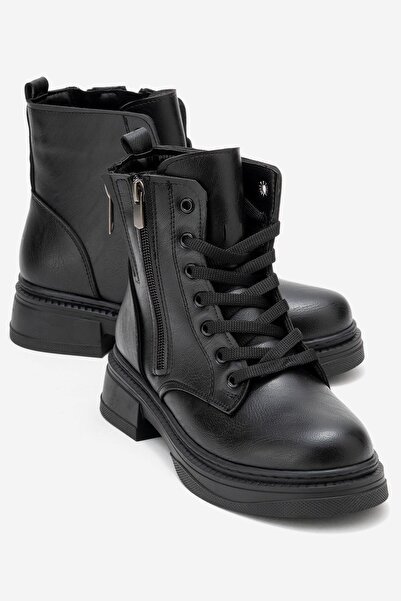 CCWAY AYAKKABI Cizme de damă cu fermoar dublu, piele neagră
