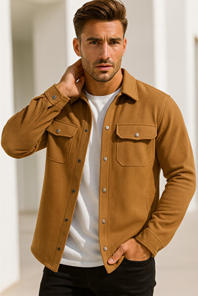 Rich Men's Tan Suede Thick Shirt Double Pocket Detailed Transitional Jacket