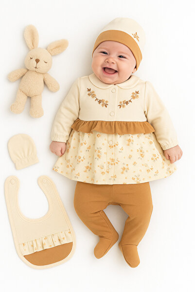 VERONA TARZ Baby Girl Boxed Floral Embroidered 5-Piece Hospital Discharge Set Luxury Cotton 0-3 Months 50-56cm