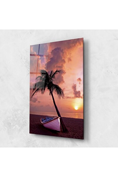 Arthub Glass Painting, Bedroom and Living Room, Beaches, Boat Purple Sunset