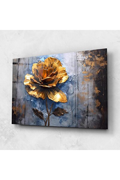 Arthub Glass Painting, Bedroom and Living Room, Painting Texture, Golden Rose Art On Blue