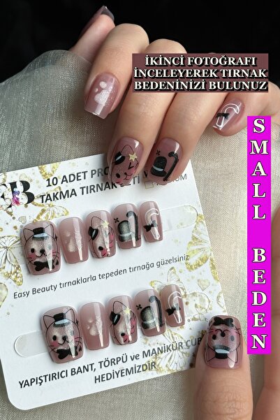Easy Beauty Siyah Kedi SMALL Beden Kısa Küt 10 Adet Takma Tırnak Seti T037