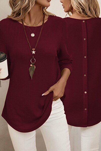 Mossta Buttoned Back Crew Neck Waffle Blouse - Burgundy