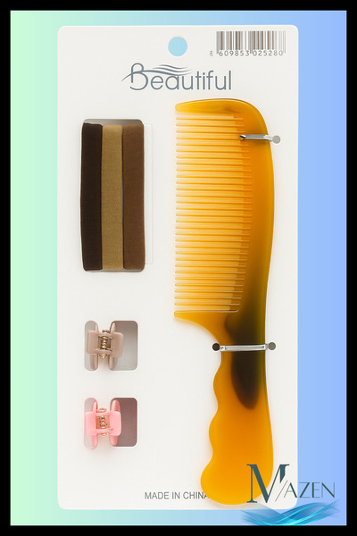 MAZEN Σετ χτένας και αξεσουάρ μαλλιών |   Πολύχρωμη πόρπη από καουτσούκ + 2 μ...