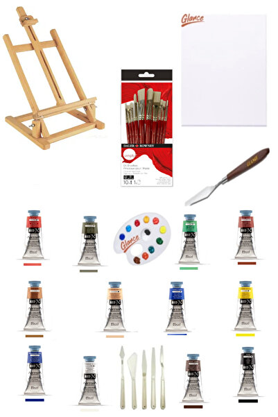 GLANCE Masaüstü Şövale Artıva Serıes Oıl Color 37 ML 12"li Set Oil Brushes 10LU Fırça Tuval Set
